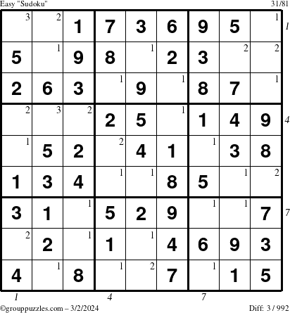 The grouppuzzles.com Easy Sudoku puzzle for Saturday March 2, 2024 with all 3 steps marked