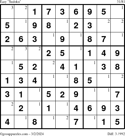 The grouppuzzles.com Easy Sudoku puzzle for Saturday March 2, 2024 with the first 3 steps marked