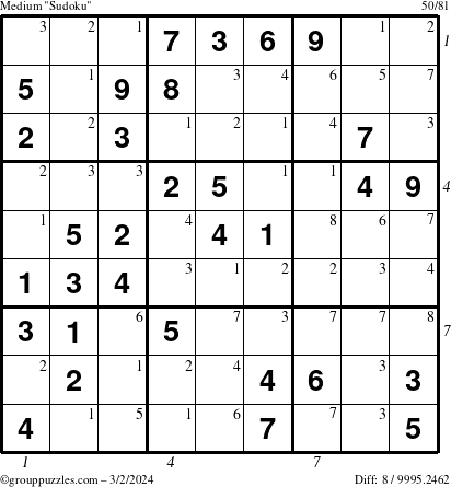 The grouppuzzles.com Medium Sudoku puzzle for Saturday March 2, 2024 with all 8 steps marked