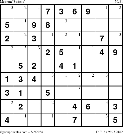 The grouppuzzles.com Medium Sudoku puzzle for Saturday March 2, 2024 with the first 3 steps marked