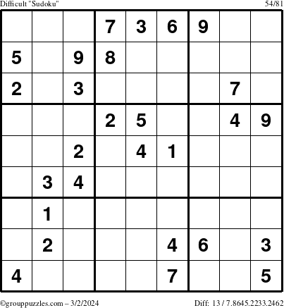 The grouppuzzles.com Difficult Sudoku puzzle for Saturday March 2, 2024