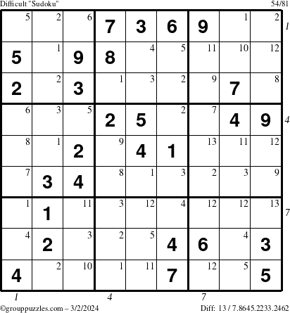 The grouppuzzles.com Difficult Sudoku puzzle for Saturday March 2, 2024 with all 13 steps marked