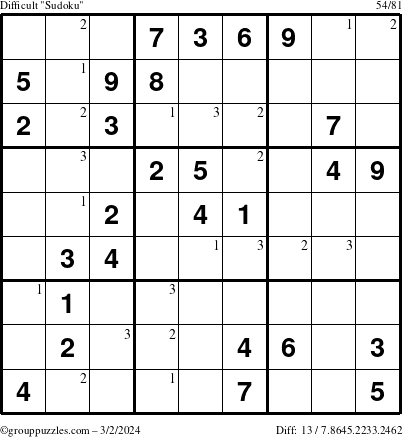 The grouppuzzles.com Difficult Sudoku puzzle for Saturday March 2, 2024 with the first 3 steps marked