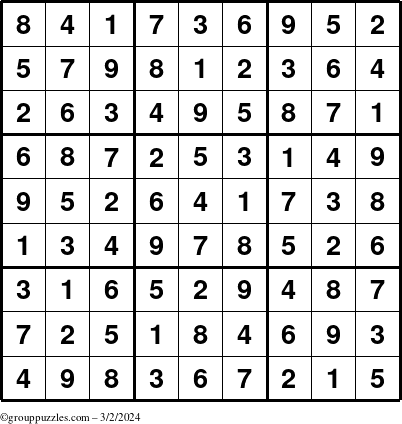 The grouppuzzles.com Answer grid for the Sudoku puzzle for Saturday March 2, 2024