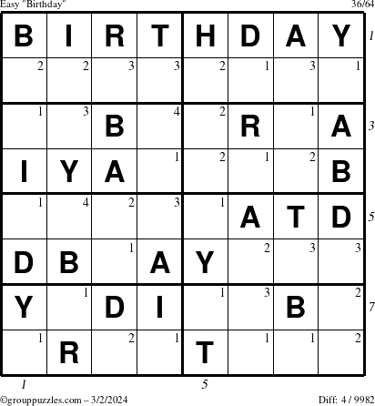 The grouppuzzles.com Easy Birthday puzzle for Saturday March 2, 2024 with all 4 steps marked