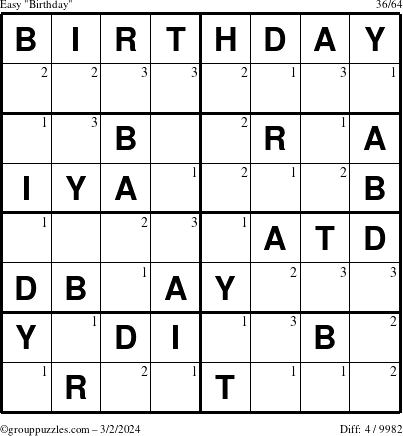 The grouppuzzles.com Easy Birthday puzzle for Saturday March 2, 2024 with the first 3 steps marked