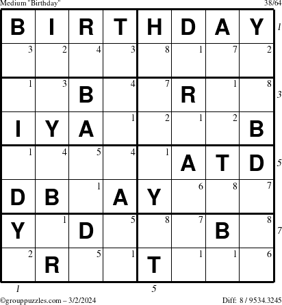 The grouppuzzles.com Medium Birthday puzzle for Saturday March 2, 2024 with all 8 steps marked