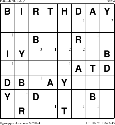 The grouppuzzles.com Difficult Birthday puzzle for Saturday March 2, 2024 with the first 3 steps marked