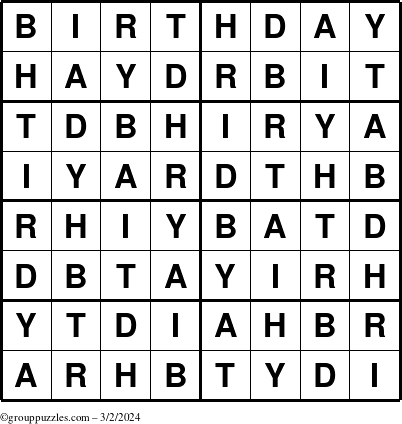 The grouppuzzles.com Answer grid for the Birthday puzzle for Saturday March 2, 2024