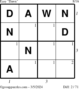 The grouppuzzles.com Easy Dawn puzzle for Tuesday March 5, 2024 with all 2 steps marked