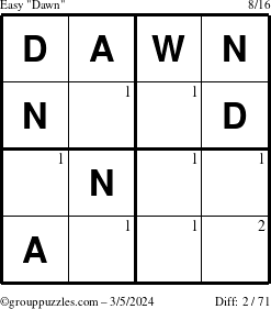 The grouppuzzles.com Easy Dawn puzzle for Tuesday March 5, 2024 with the first 2 steps marked