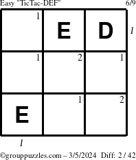 The grouppuzzles.com Easy TicTac-DEF puzzle for Tuesday March 5, 2024 with all 2 steps marked