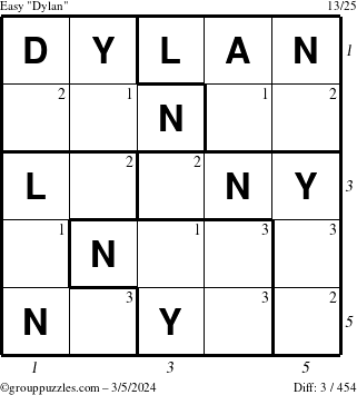 The grouppuzzles.com Easy Dylan puzzle for Tuesday March 5, 2024 with all 3 steps marked