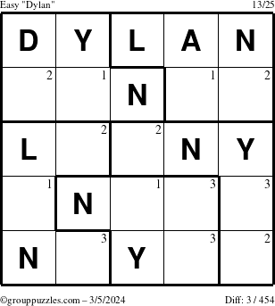 The grouppuzzles.com Easy Dylan puzzle for Tuesday March 5, 2024 with the first 3 steps marked