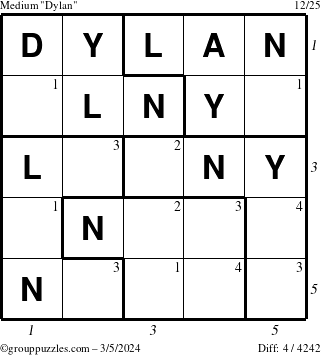 The grouppuzzles.com Medium Dylan puzzle for Tuesday March 5, 2024 with all 4 steps marked