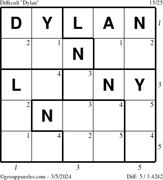 The grouppuzzles.com Difficult Dylan puzzle for Tuesday March 5, 2024 with all 5 steps marked