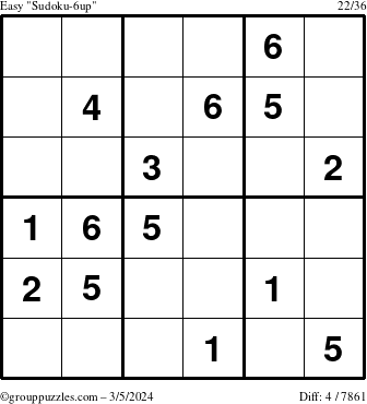 The grouppuzzles.com Easy Sudoku-6up puzzle for Tuesday March 5, 2024