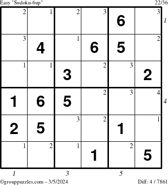 The grouppuzzles.com Easy Sudoku-6up puzzle for Tuesday March 5, 2024 with all 4 steps marked