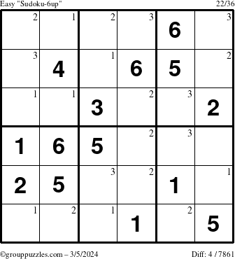 The grouppuzzles.com Easy Sudoku-6up puzzle for Tuesday March 5, 2024 with the first 3 steps marked