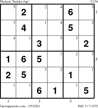 The grouppuzzles.com Medium Sudoku-6up puzzle for Tuesday March 5, 2024 with all 5 steps marked