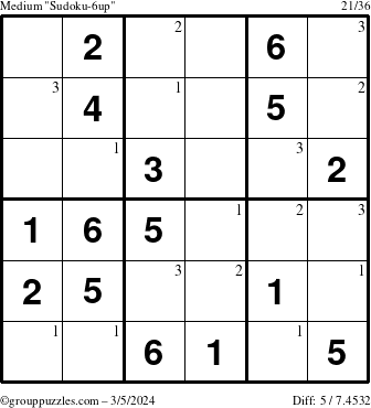 The grouppuzzles.com Medium Sudoku-6up puzzle for Tuesday March 5, 2024 with the first 3 steps marked