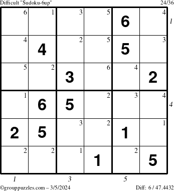 The grouppuzzles.com Difficult Sudoku-6up puzzle for Tuesday March 5, 2024 with all 6 steps marked