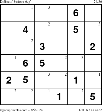The grouppuzzles.com Difficult Sudoku-6up puzzle for Tuesday March 5, 2024 with the first 3 steps marked