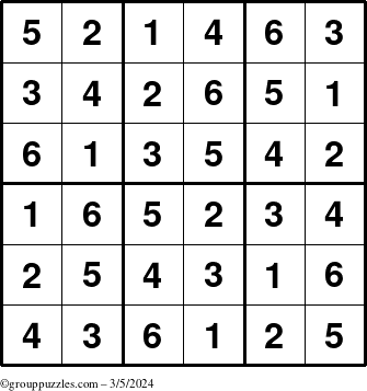 The grouppuzzles.com Answer grid for the Sudoku-6up puzzle for Tuesday March 5, 2024