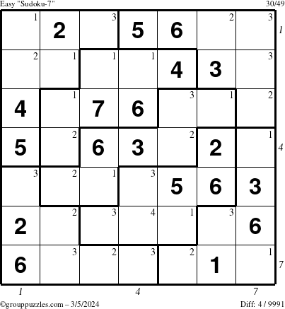 The grouppuzzles.com Easy Sudoku-7 puzzle for Tuesday March 5, 2024 with all 4 steps marked