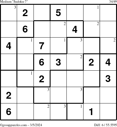 The grouppuzzles.com Medium Sudoku-7 puzzle for Tuesday March 5, 2024 with the first 3 steps marked