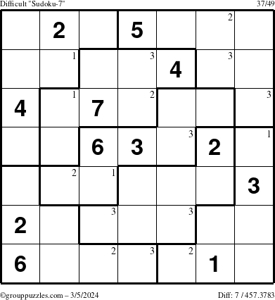 The grouppuzzles.com Difficult Sudoku-7 puzzle for Tuesday March 5, 2024 with the first 3 steps marked