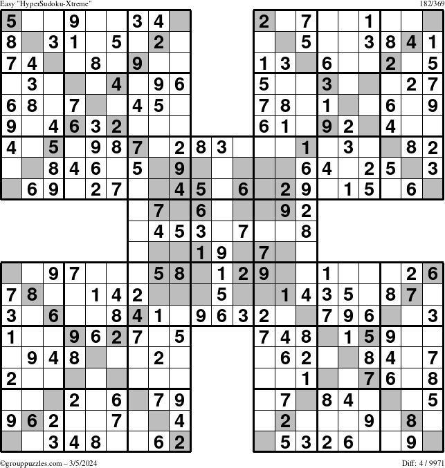 The grouppuzzles.com Easy HyperSudoku-Xtreme puzzle for Tuesday March 5, 2024