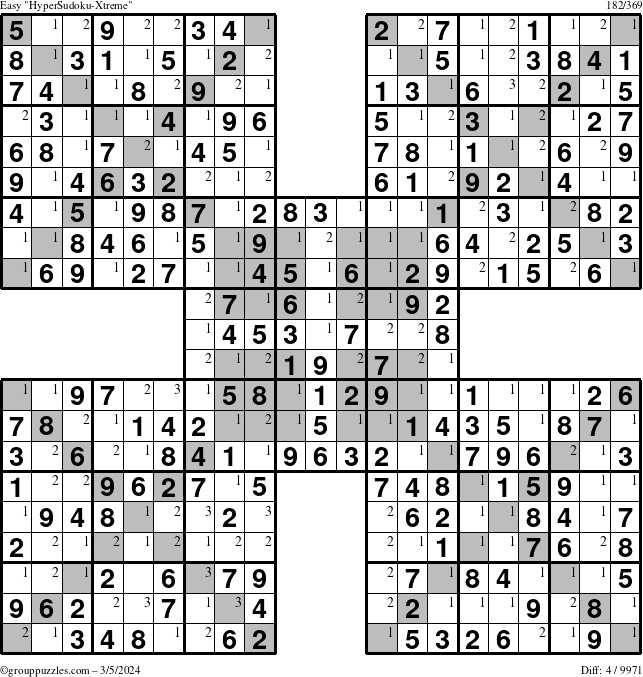 The grouppuzzles.com Easy HyperSudoku-Xtreme puzzle for Tuesday March 5, 2024 with the first 3 steps marked