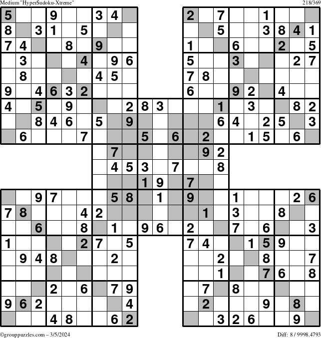 The grouppuzzles.com Medium HyperSudoku-Xtreme puzzle for Tuesday March 5, 2024