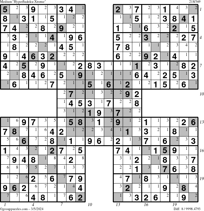The grouppuzzles.com Medium HyperSudoku-Xtreme puzzle for Tuesday March 5, 2024 with all 8 steps marked