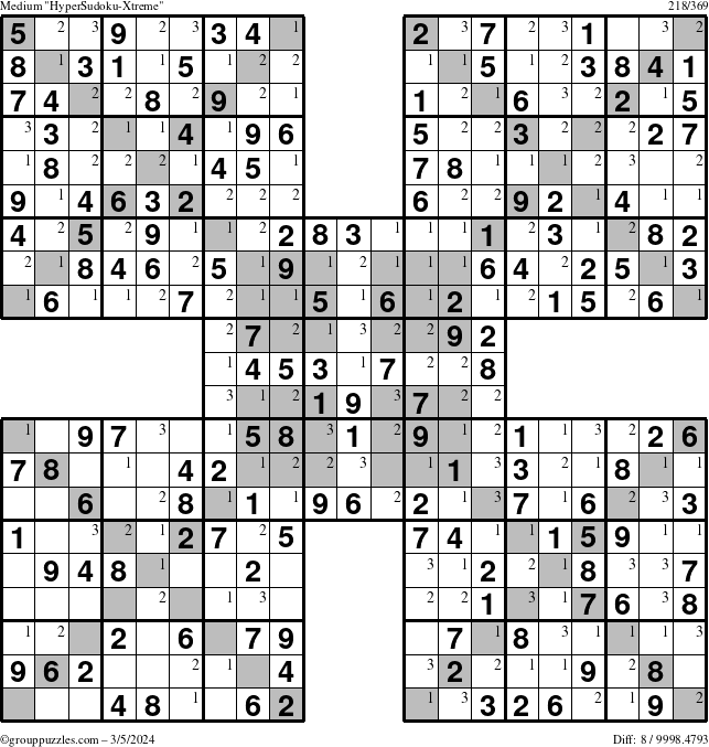 The grouppuzzles.com Medium HyperSudoku-Xtreme puzzle for Tuesday March 5, 2024 with the first 3 steps marked