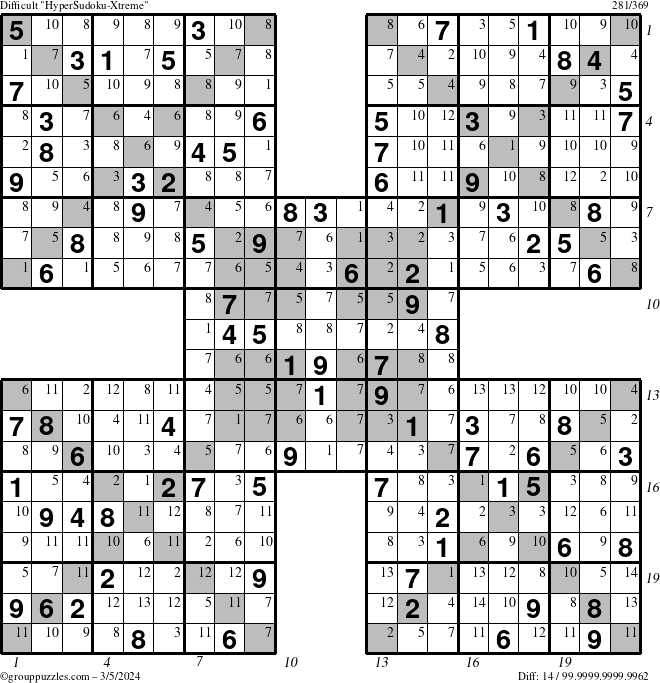 The grouppuzzles.com Difficult HyperSudoku-Xtreme puzzle for Tuesday March 5, 2024 with all 14 steps marked