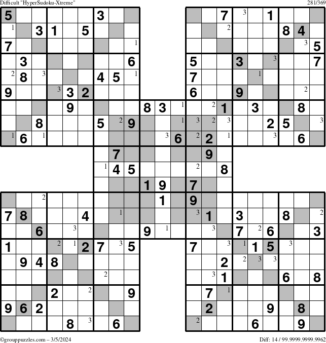 The grouppuzzles.com Difficult HyperSudoku-Xtreme puzzle for Tuesday March 5, 2024 with the first 3 steps marked