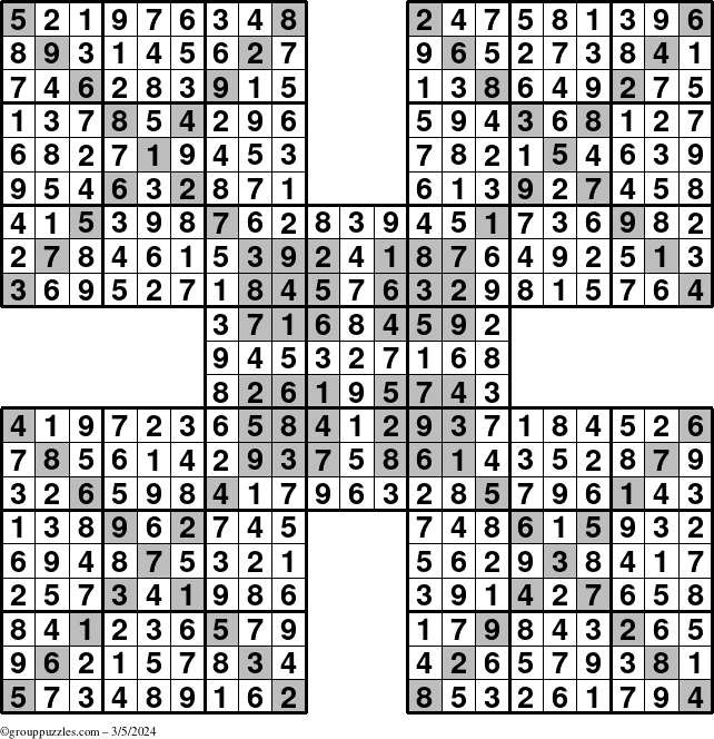 The grouppuzzles.com Answer grid for the HyperSudoku-Xtreme puzzle for Tuesday March 5, 2024