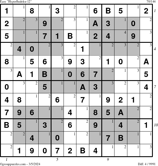 The grouppuzzles.com Easy HyperSudoku-12 puzzle for Tuesday March 5, 2024 with all 4 steps marked