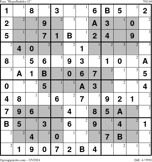 The grouppuzzles.com Easy HyperSudoku-12 puzzle for Tuesday March 5, 2024 with the first 3 steps marked