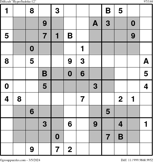 The grouppuzzles.com Difficult HyperSudoku-12 puzzle for Tuesday March 5, 2024