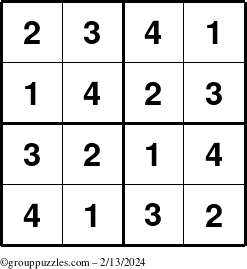 The grouppuzzles.com Answer grid for the Sudoku-4 puzzle for Tuesday February 13, 2024