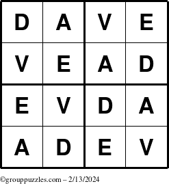 The grouppuzzles.com Answer grid for the Dave puzzle for Tuesday February 13, 2024