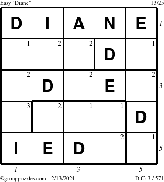 The grouppuzzles.com Easy Diane puzzle for Tuesday February 13, 2024 with all 3 steps marked