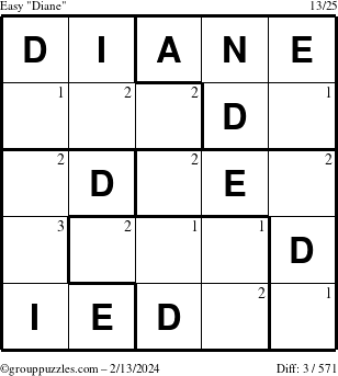 The grouppuzzles.com Easy Diane puzzle for Tuesday February 13, 2024 with the first 3 steps marked