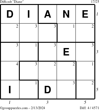 The grouppuzzles.com Difficult Diane puzzle for Tuesday February 13, 2024 with all 4 steps marked