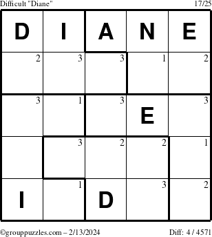 The grouppuzzles.com Difficult Diane puzzle for Tuesday February 13, 2024 with the first 3 steps marked