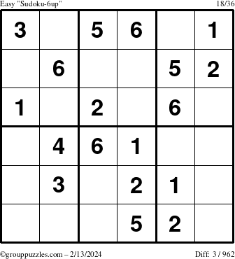 The grouppuzzles.com Easy Sudoku-6up puzzle for Tuesday February 13, 2024