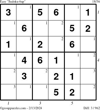 The grouppuzzles.com Easy Sudoku-6up puzzle for Tuesday February 13, 2024 with all 3 steps marked
